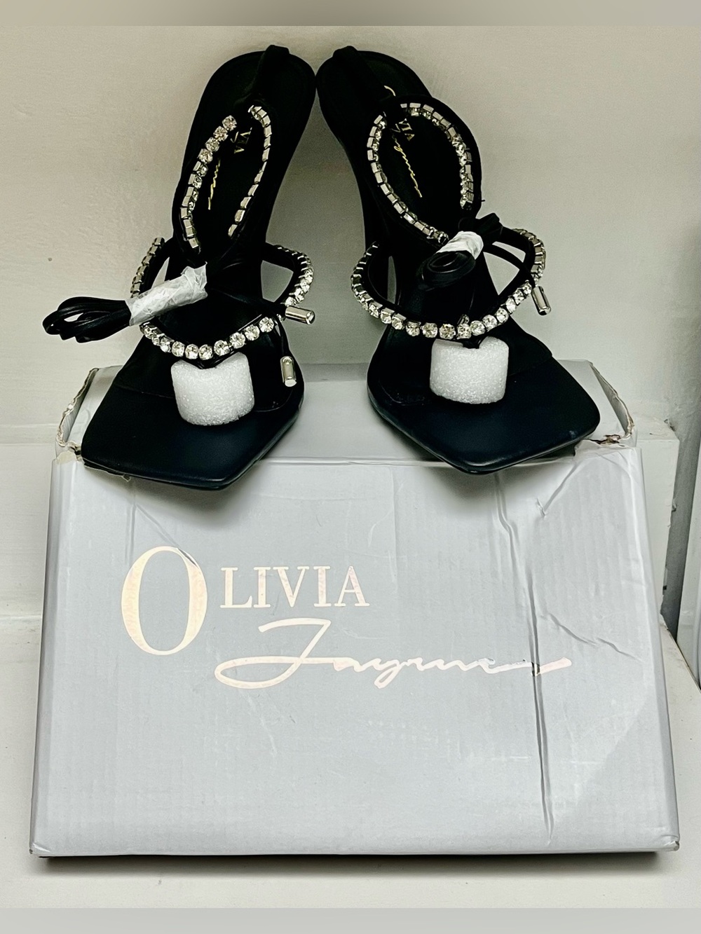 Woman’s Olivia Jaymes Black Rhinestone Embellished Strappy Stiletto Heels 7.5